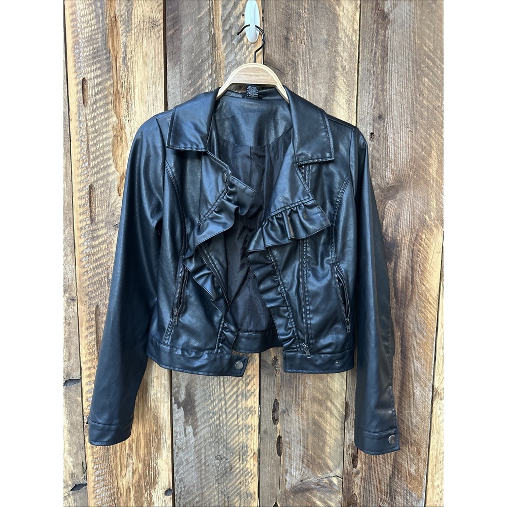 Rue21 Black Faux Leather Moto Jacket Women's S Ruffle Trim Dark Gothic Punk Rock